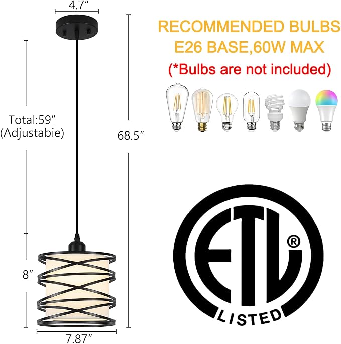 Farmhouse Pendant Island Light Fixtures, Metal Hanging Light Fixtures with Fabirc Lighting for Dining Room Bedroom Bar Office, Industrial Black, 1 Pack - ETL Certified