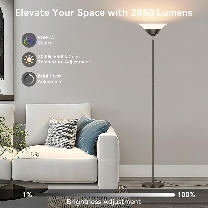 RGB Torchiere Floor Lamp, 30W Dimmable LED Standing Lamp with Remote, Multi Color Changing, 72in Tall Corner Light, Bright Standing Pole Light for Office Living Room Bedroom Basement