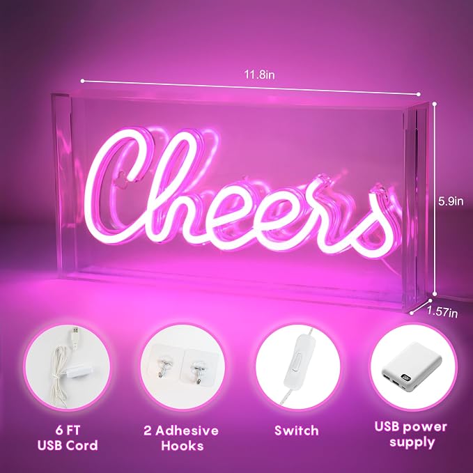 Cheers Neon Sign, USB LED Desk Lightbox Cheers Sign with ON/OFF Switch, 3D Neon Light up Sign for Table Decor, Wall Decor, Bar, Pub, Bachelorette Party (Pink)