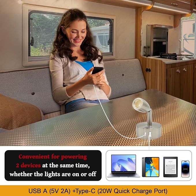 12V LED Reading Light with Dual Charging Ports, Touch Control Dimmable RV Light Interior 12 Volt Bedside Fixture for Camper Boat Van Trailer and Motorhome