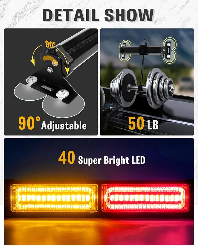 HLauto 1002L Emergency Strobe Traffic Advisor Light Bar: 40LED Dash Safety Warning Flashing Front/Rear Windshield Visor Light for Construction Vehicle, Trucks (2x10.7inch, Amber Red)