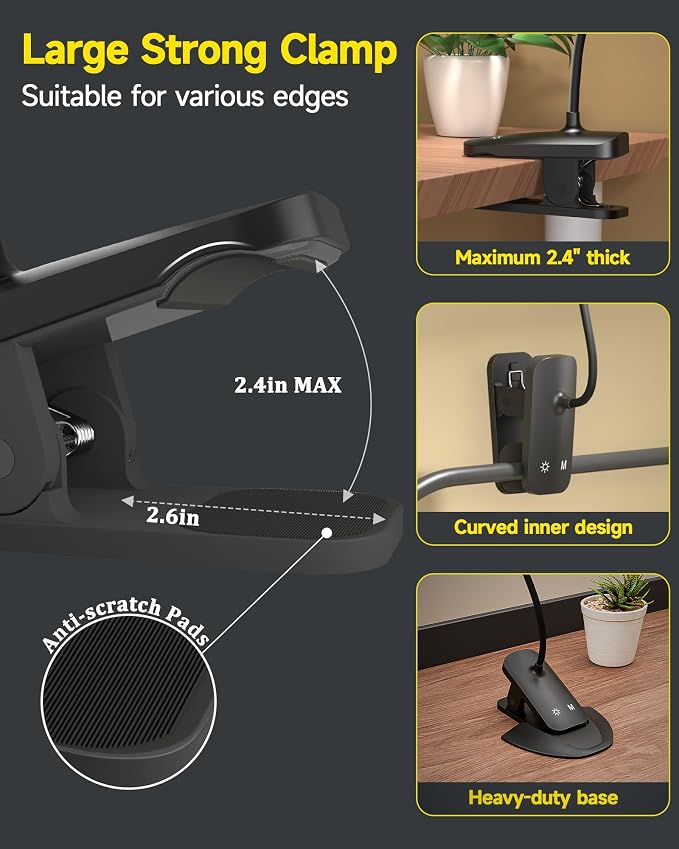CUHIOY Rechargeable Clip on Light, Bed Headboard Reading Lamp, Black | Portable Cordless Battery-Operated USB-C, 5 Colors 5 Brightness Goose-Neck, Flicker-Free Clamp Desk Dorm Bunk Bed Light