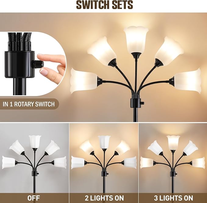 Medusa LED Floor Lamp, Multi Head Modern Tall Lamp with Adjustable Gooseneck Standing Lamps for Living Room Bedroom Kids Room Office 5 White Lampshades Bulb Not Included(Black)