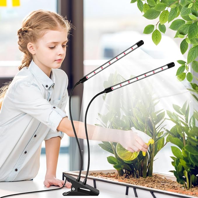 SDOVUERC Full Spectrum Grow Lights for Indoor Plants, Dual-Head Plant Lamps with Clips and 5 Dimmable Level and 6/12/18H Timer for Indoor Plant Growing.