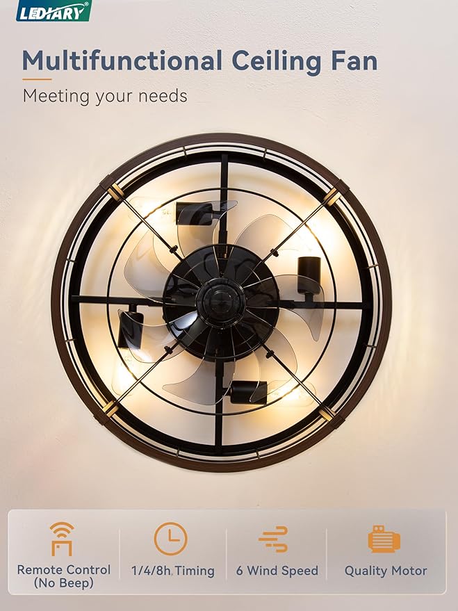 LEDIARY 20" Caged Ceiling Fan with Light and Remote, Low Profile Flush Mount Fandelier, Walnut Bladeless Enclosed Small Fan Lights Ceiling Fixtures, Rustic Farmhouse Style for Bedroom, Outdoor