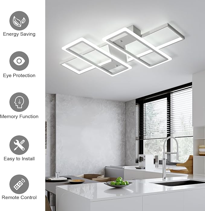 GEADI 35.4" Modern LED Ceiling Light, Dimmable White Flush Mount Chandelier | 80W 4-Square Geometric Ceiling Lamp with Remote, 3000K-6500K Dimming, Memory, 4800 Lumens, Low Profile for Bedroom, Kitchen