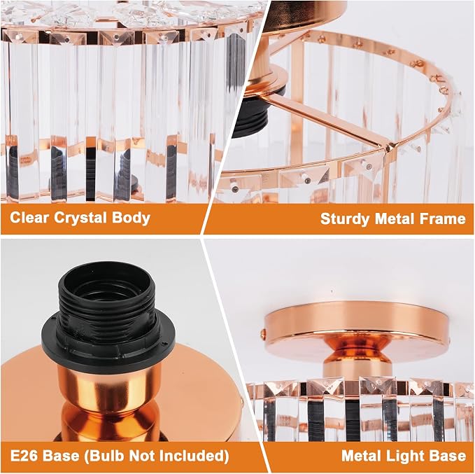 FRIDEKO HOME Crystal Ceiling Light - Small Crystal Chandelier Semi Flush Mount Ceiling Light Fixture Modern Lights for Hallway Bathroom Kitchen Entryway (9.05 Inch, Bulb not Included)