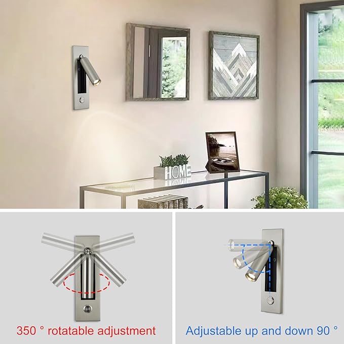 LED Bedroom Lamp Headboard Wall Light Sconce, Bedside Reading Light Recessed Push Switch Wall Lamps, Hotel Bed Side Decorative Wall Sconces Spotlight, 360° Rotatable 92° Foldable (Sand Nickel)