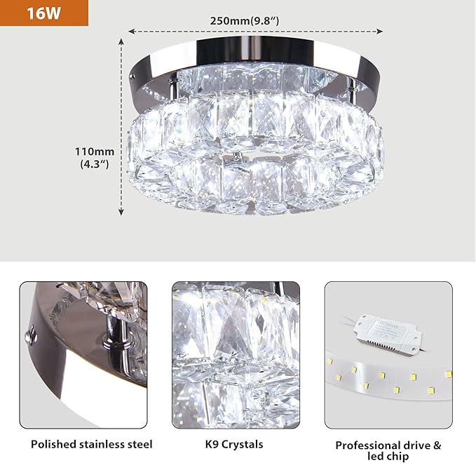 9.8" Crystal Flush Mount Ceiling Light Fixtures LED Round Mini Chandelier Light Fixture Ceiling Lamp for Kitchen Hallway Foyer 15 W 6000K
