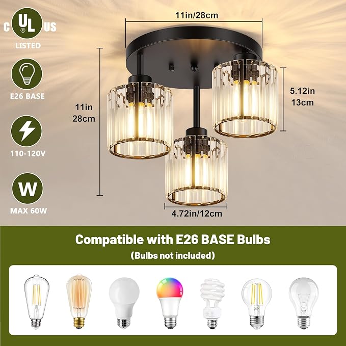3-Light Crystal Semi Flush Mount Ceiling Light, Black Kitchen Lighting Fixtures Ceiling, Modern Hallway Light Fixtures with Clear Crystal Shades, Close to Ceiling Lamp for Bedroom Foyer Entryway