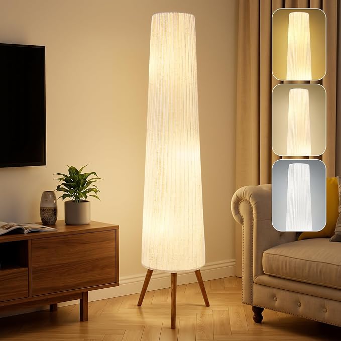 60 Inch Oatmeal Wood Floor Lamp, Color Temperature Adjustable Softlighting Corner Lamp, 3 Bulbs Standing Lamp, Creative Ambient Light for Living Room Bedroom&Office-Bulbs Included