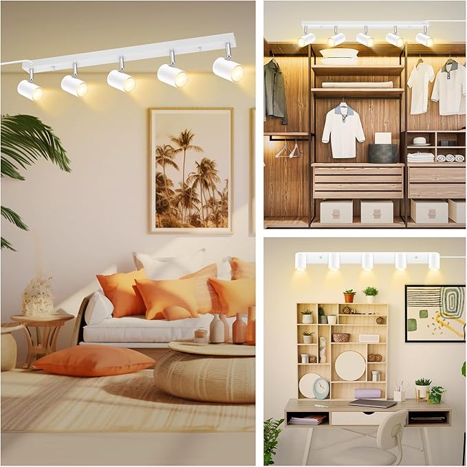 5 Light Track Lighting Kit,White 5 Way Modern Plug in Ceiling Spotlight,Industrial LED Wall Light for Kitchen Cabinet Gallery Bar Hallway Living Room,Rocker Switch,15 Foot Cord(No Bulb)