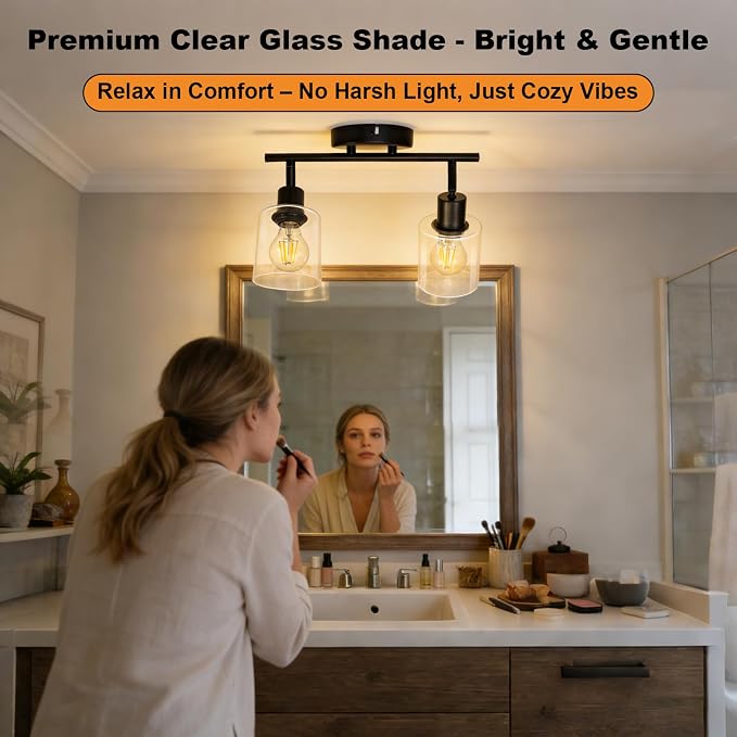 HiBay 2-Light Track Lighting Fixture Black, Glass Ceiling Wall Spotlight | Rotatable 2 Heads with Glass Shades, Modern Farmhouse Industrial, for Bedroom, Kitchen Sink, Loft, E26 Base