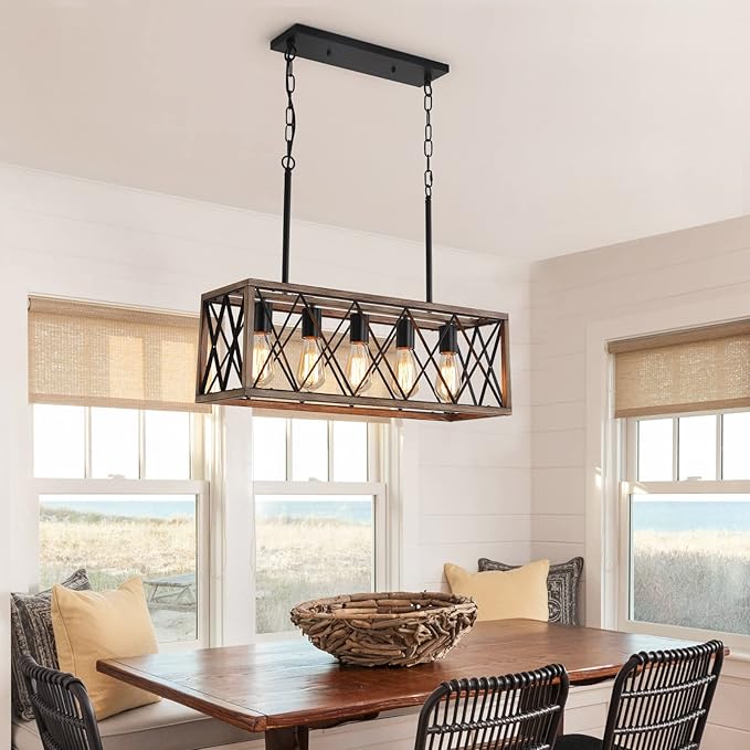 KEESFU 5-Light Farmhouse Chandeliers for Dining Room, Kitchen Island Lights | Farmhouse Light Fixtures with Adjustable Height; Dining Room Light Fixture for Table & Over Sink; Wood Grain color;E26 Base