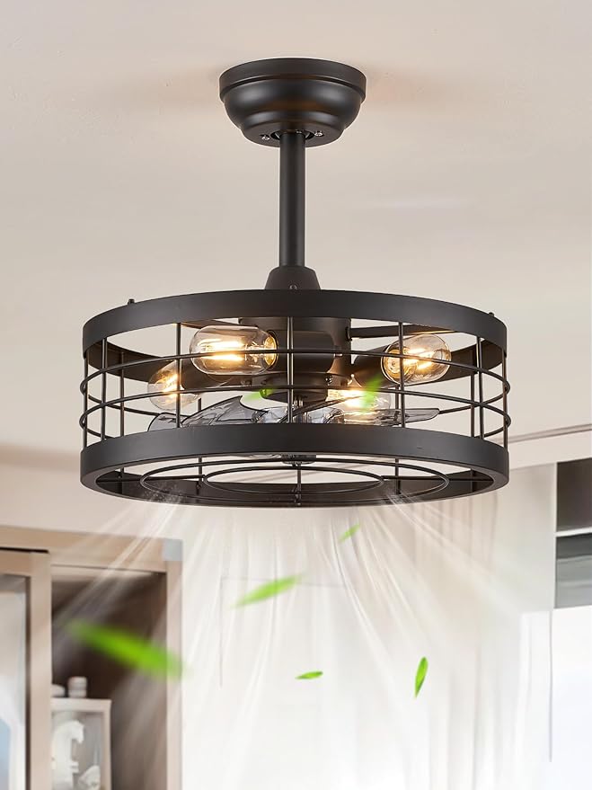 LEDIARY 16.5 inch Caged Fandelier Ceiling Fan Light with Remote, Black | 6 Speed Adjustable,Timing, Quiet & Powerful DC, Small, Farmhouse, Industrial, Enclosed, Bladeless, Bedroom, Kitchen, Downrod