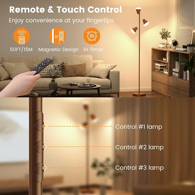 36W LED Tree Floor Lamp, Dimmable Tall Standing Lamp with Remote & Touch Control, 4 Color Temperatures Bright Floor Lamp, 3 Rotatable Light Modern Floor Lamps
