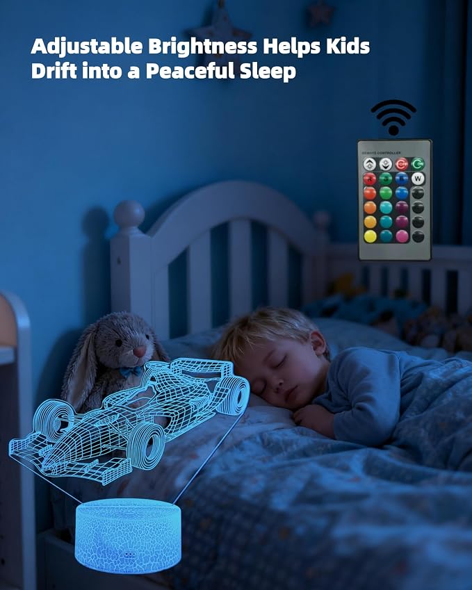 Racing Car 3D Illusion Night Light Boy Gift, 2 Patterns 16 Colors | 16 Colors Changing Lamp, Dimmable, Touch & Remote Control, Kid Teenager Girl Toy, Birthday Christmas, Room Bedroom Décor