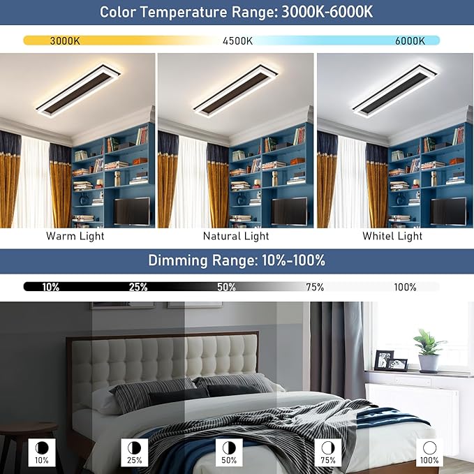 Dimmable Led Ceiling Light with Remote Control 31.5in Modern Linear Flush Mount Ceiling Lighting Fixture Acrylic Long Ceiling Lamp for Living Room Kitchen Dining Room Hallway (Black&White)
