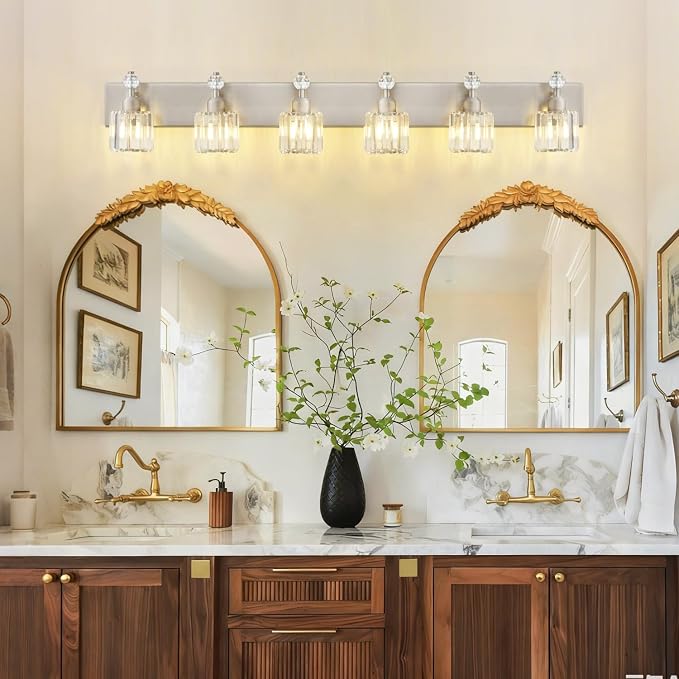 PRESDE Crystal 6-Light Bathroom Vanity Light Fixtures Brushed Nickel Modern Wall Lighting Over Mirror