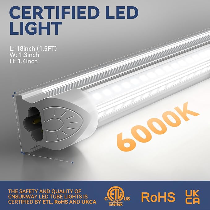 CNSUNWAY 1.5FT LED Shop Light, 20W Under Cabinet Lighting 6000K, V-Shape | 18" T8 Tube Fixtures, Linkable Under Counter Lights for Kitchen, Workbench, Workshop, Plug and Play, ETL Listed, 2 Pack