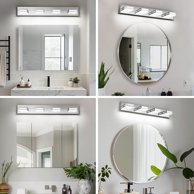 LED Modern Bathroom Light Fixtures, 4-Light 30-Inch Chrome Vanity Lights for Bathroom Lighting Fixtures Over Mirror, 6000K Cool White 350° Rotatable Wall Lamp