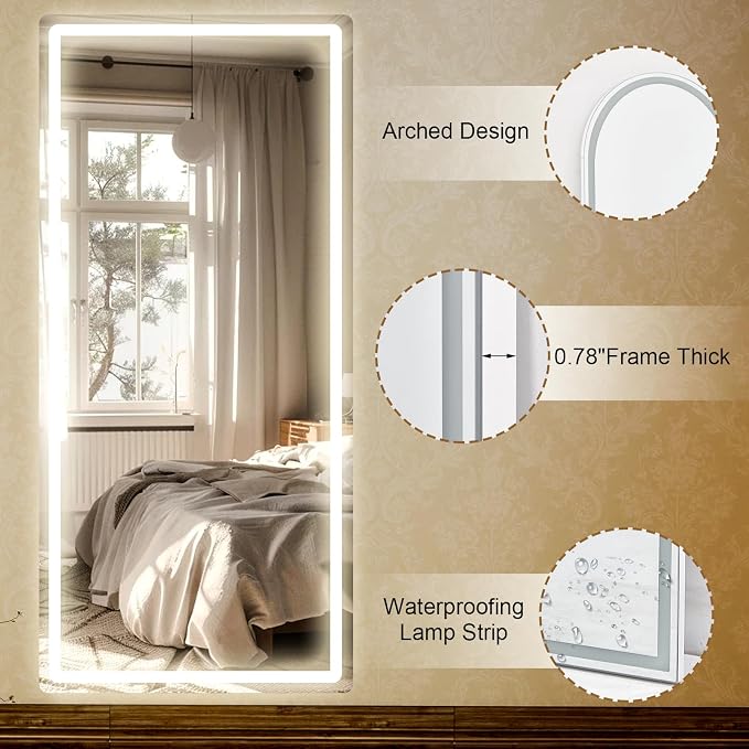34x76 inch Full Length Mirror with Lights, LED Full Body Mirrors | Stepless Dimmable 3 Color Lighting Floor Standing/Hanging/Leaning/Wall Mounted Vanity Mirror for Bedroom Cloakroom (Rect)