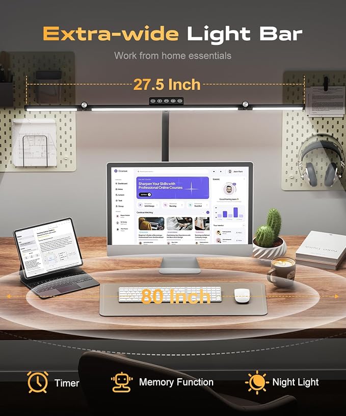 LED Desk Lamps for Home Office, Desk Light with Remote & Touch Control, Stepless Dimming,5CCT,Motion Sensor Auto On/Off, Eye-Caring Desk Lamp with Clamp for Study, Reading,Dual Monitors,Black