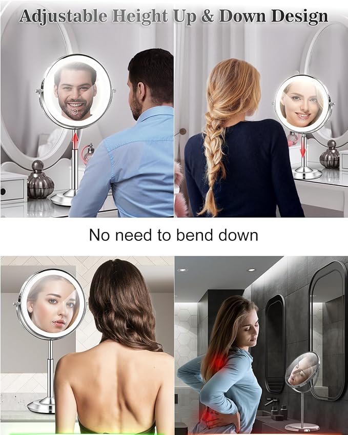 1X/30X 8" Magnifying Makeup Mirror with Lights Height Adjustable for Desk | 3000mAh Rechargeable Lighted Magnifying Mirror Double Sided Vanity Mirrors with 3 LED Lighting Touch Dimmable for Women Gift