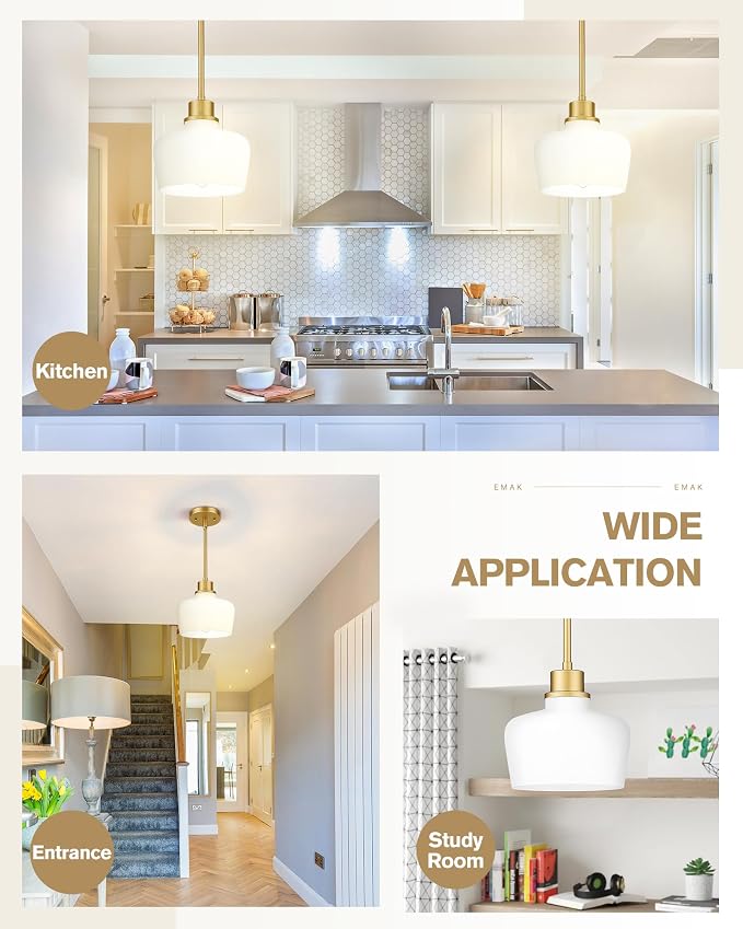 Emak 1-Light Painted Gold Pendant Light with Milk Glass Shade, PL122-GD-ML | 8-inch Milk Glass Shade for Soft Light; Vintage Bell-Shaped, 42-inch Adjustable Rods. For Kitchen & Dining rooms. UL Listed.