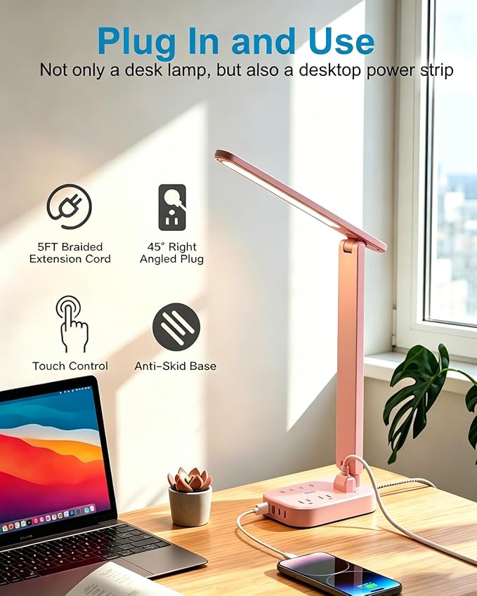 LED Desk Lamp, Power Strip with 4 USB 3 Outlets, Dorm Room Essentials, Pink | One Beat 4 Modes 5 Level Brightness Touch Lamp, Small Desk Lamp for Home Office College Dorm Essentials, Study Reading Light