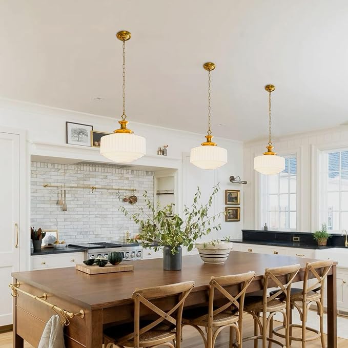 Vintage Brass Milk Glass Pendant Light Fixture, 13.8" White Pleated Glass Chandelier, Antique Pendant Lights, for Kitchen Island Lighting, Hallway, Bedroom, Dining Room, Foyer, E26 Bulb Included
