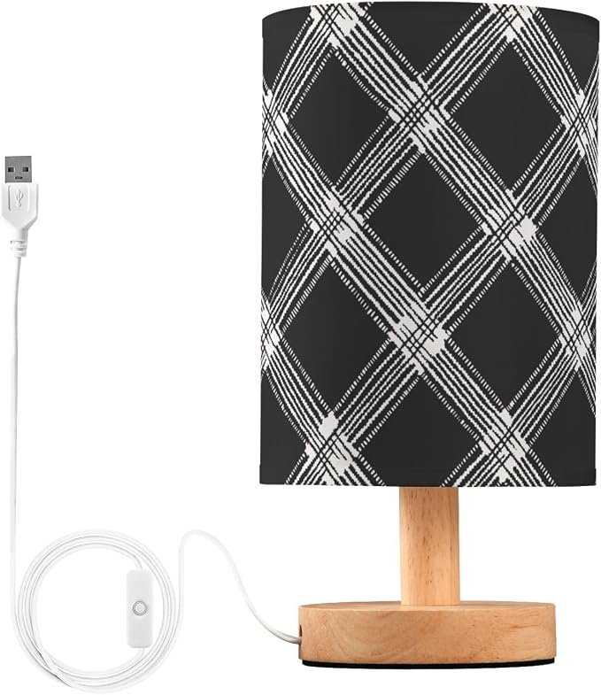 Fustylead Black and White Plaid Check Bedside Table Lamps with USB Port for Bedroom Lamp Table Lamp Small Nightstand Lamp Sturdy Linen Shade Wooden Decorative Lamps for Home Dorm Office Living Room