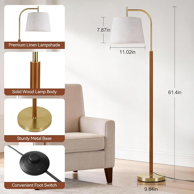 SUNMORY Wood Floor Lamp for Living Room, Mid Century Modern Arc Floor Lamps | 3 Color Temperatures, 9W/800lm LED Bulb, Adjustable Linen Shade, Gold Standing Tall Reading Light for Bedroom Corner Office
