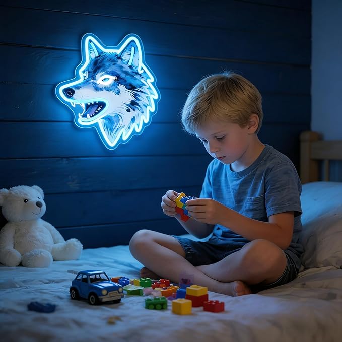 Wolf Neon Sign, UV Printed Dimmable Led Wolf Neon Light Animal Wall Decor Wolf Gifts for Boys Men Bedroom Living Room Man Cave Home Birthday Decoration