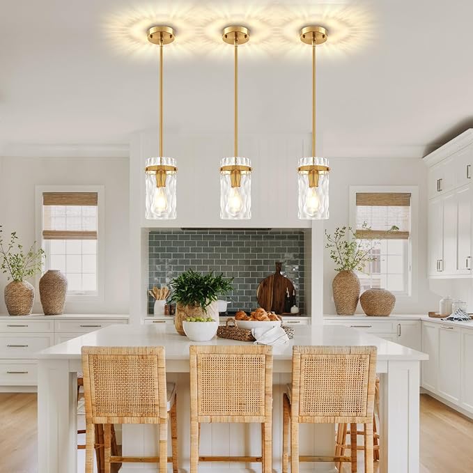 3 Pack Brushed Gold Pendant Lights Kitchen Island, Hammered Glass Kitchen Pendant Lighting Over Island Adjustable Hanging Bathroom Light Fixtures Modern Pendant Light for Dining Room Hallway Foyer