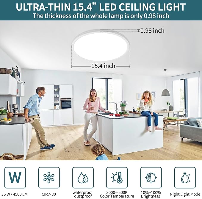 Modern Led Ceiling Light Fixtures Dimmable with Remote Control, 15.4 Inch Ultra Thin Flush Mount with Night Light, 36 W, 4500 LM, for Bedroom, Kitchen, Dining Room, Living Room