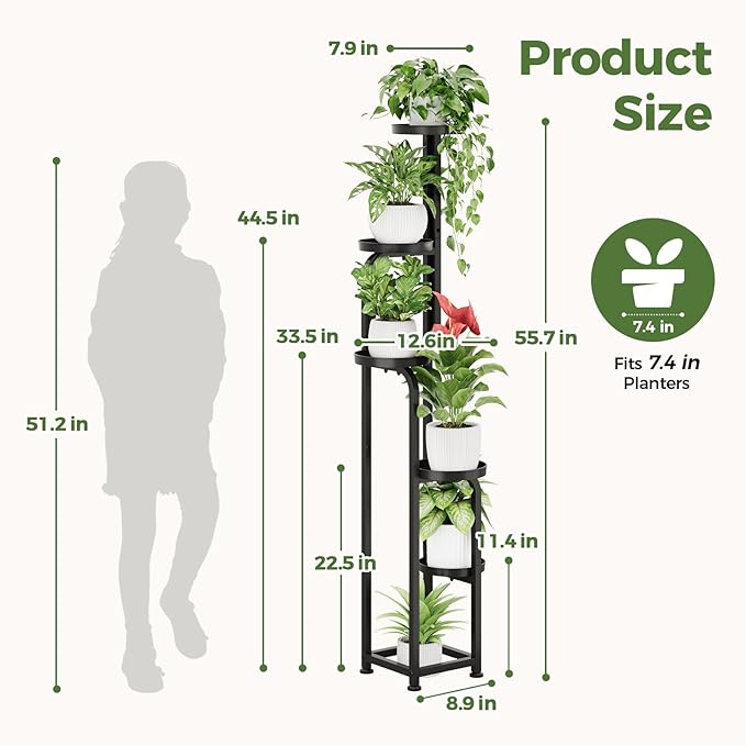 Bamworld Tall Plant Stand Indoor Outdoor Corner Metal Flower Pot Stands | 5 Tier Black Heavy Duty Plant Shelf for Multiple Plants Plant Table for Patio Garden Balcony Living Room Bedroom
