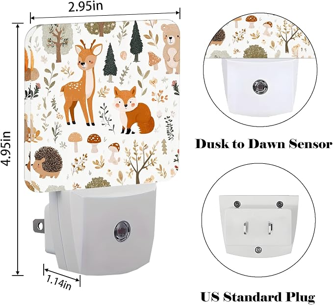 Cute Forest Animals Night Light,Deer and Fox Plug Into Wall with Dusk to Dawn Light Sensors, Warm Nightlights for Bedroom, Bathroom, Hallway, Kitchen, Gifts Ideal for Boys Girls Women Men