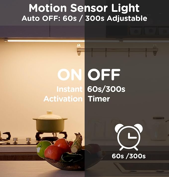 Under Cabinet Lighting Plug in 12 Inch, 120V Motion Sensor Lights Indoor, 3CCT 3000/4000/5000K, Aluminum Linkable Super Bright LED Counter Light with Timer for Kitchen, Closet, White, 4 Pack