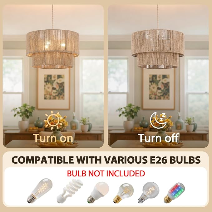 18” Plug in Pendant Light, Hanging Light Fixture with Hemp Rope Lampsahde, Handwoven 2 Tier Drum Boho Plug in Chandelier for Dinning Room, Bedroom and Living Room