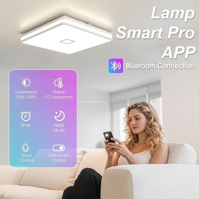 Airand 12.8 Inch Smart Ceiling Light, Dimmable LED Ceiling Light 3000K-5000K CCT with App Control, 24W 2050LM Square led Flush Mount Ceiling Lights for Living Room Bedroom