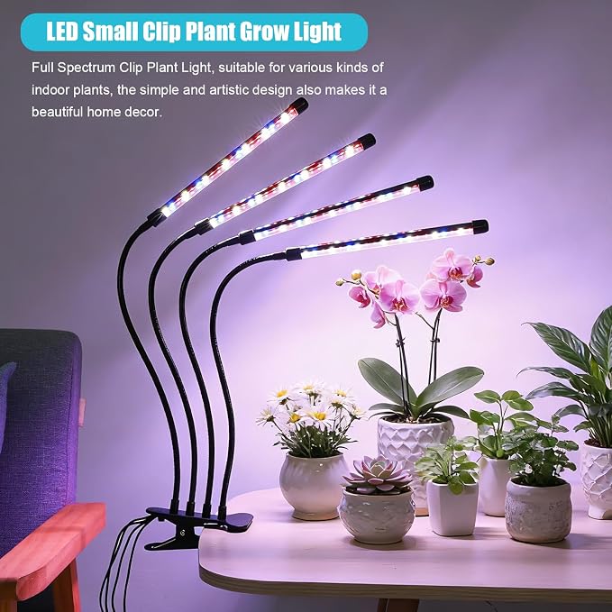 Indoor Plant Grow Light, Full Spectrum Clip Plant Lamp, 40 LED Beads with Red, Blue, White Light, Plant Growing Light with Gooseneck, 4/8/12/18H Timer, 10 Brightness Levels, 3 Lighting Modes, 4 Head