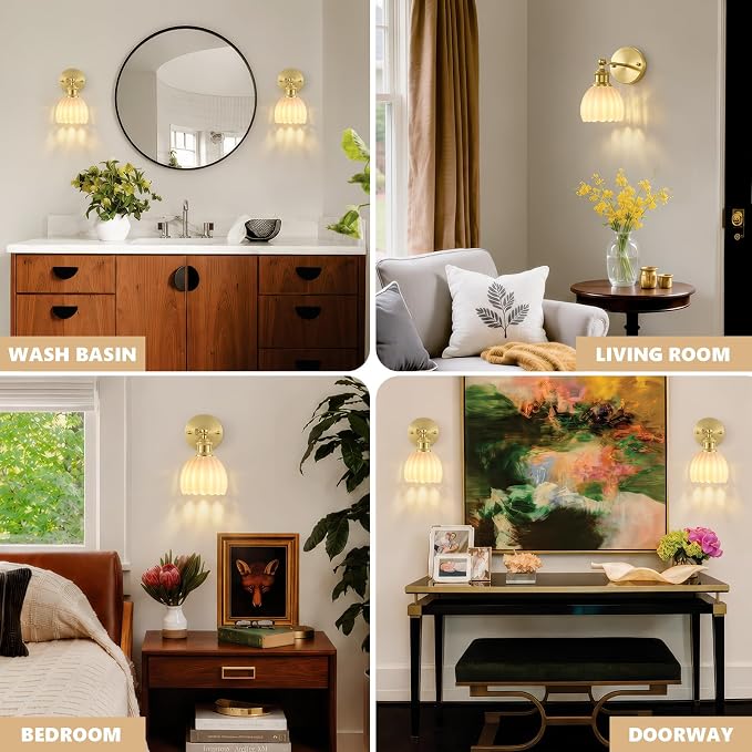 Vintage Battery Operated Wall Sconce, White Tulip Glass Lampshade Wireless Rechargeable Battery Powered LED Wall Light with Remote Dimmable for Bedside Bedroom Doorway Living Room, Set of 2