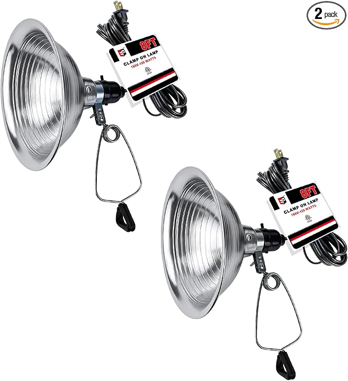 EP Clamp Lamp Light with Detachable 8.5 Inch Aluminum Reflector, 150 Watt E26 Socket (No Bulb Included), 8 Foot 18/2 SPT-2 Cord Cord, 2 Pack