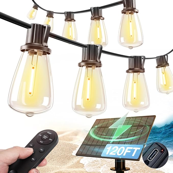 addlon 120FT(114+6) Solar String Lights Outdoor Waterproof with Remote USB | ST38 LED Shatterproof Bulbs, Solar Powered Outside Lights, Dimmable Solar Light for Camping Backyard Porch