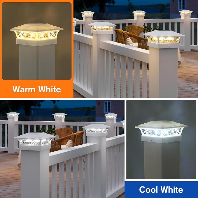 APONUO Solar Post Cap Lights 16 Pack - 4x4 5x5 6x6 Fence Post Lights, Auto On/Off, Waterproof IP64, 2-Mode (Warm/Cool White), Deck Patio Yard Solar Light for Wood & Vinyl Posts, White