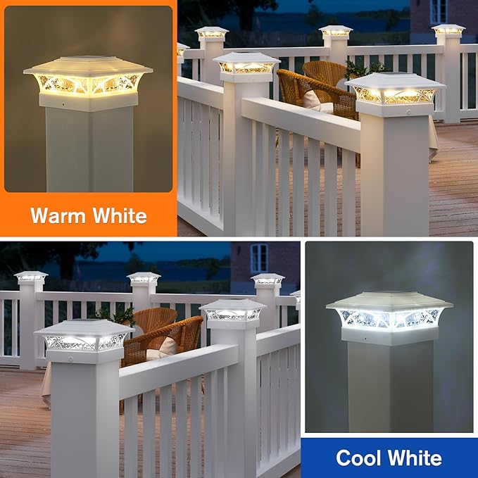 APONUO Solar Post Cap Lights 6 Pack - 4x4 5x5 6x6 Fence Post Lights, Auto On/Off, Waterproof IP64, 2-Mode (Warm/Cool White), Deck Patio Yard Solar Light for Wood & Vinyl Posts, White