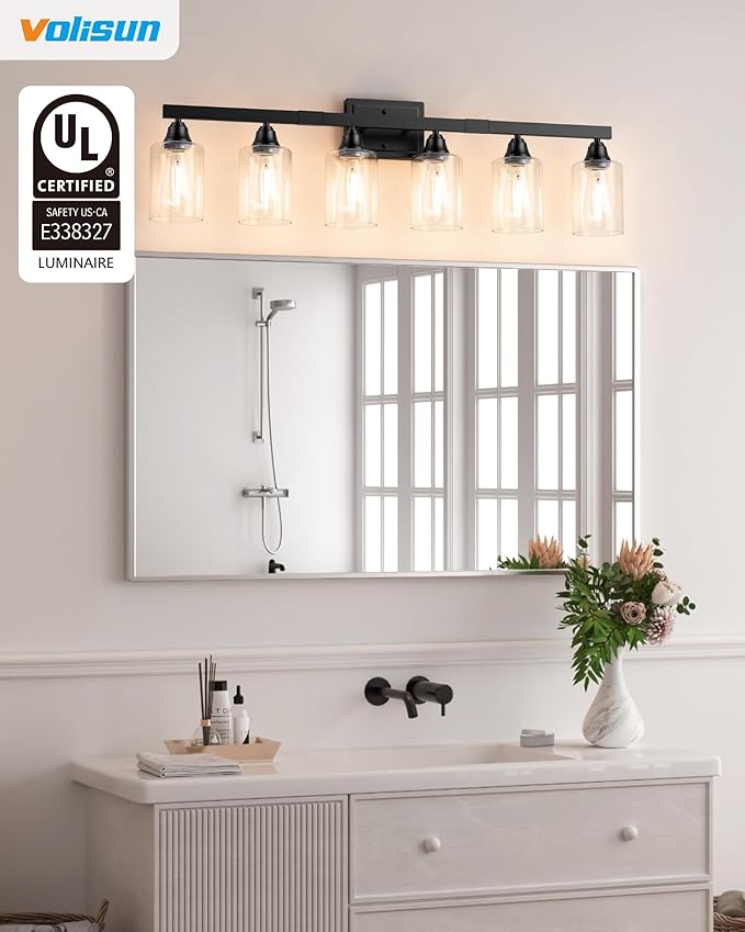 VOLISUN Matte Black Bathroom Light Fixtures, 6-Light Bathroom Vanity Light Over Mirror, Modern Vanity Lights for Bathrooms, Bathrooms Lights Fixtures Over Mirror with Clear Glass Shades