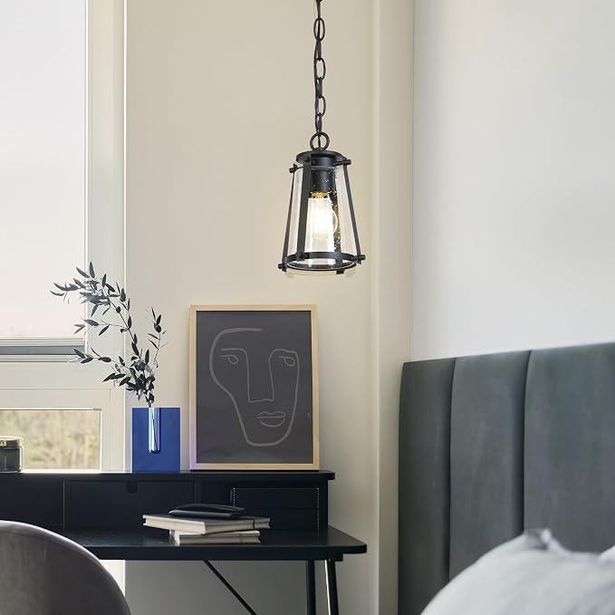 KSANA Pendant Light Kitchen Island, Black Pendant Hanging Light with Seeded Glass Farmhouse Rustic Pendant Light Fixtures for Dining Room Hallway