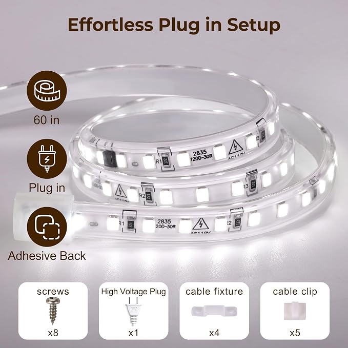 60inch Plug in Under Cabinet Lighting Strip for Kitchen, 120V Bright LED Under Counter Lights 6000k White Slim, Luces para Cocina Bajo Gabinete Under Shelf Wired Light for Sink/Workbench/Bookshelf